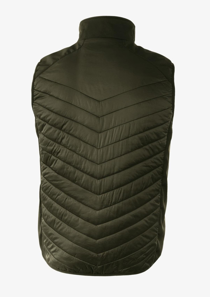 An olive green vest with a chevron quilted pattern and a high collar, featuring a logo.