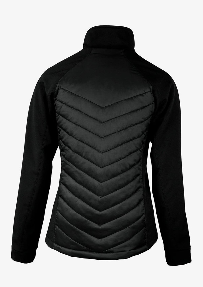A women's soft shell jacket in black, featuring a chevron quilted design on the back and a collar.