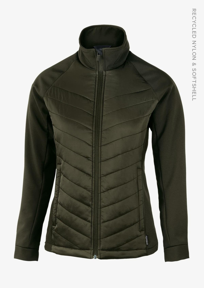 A soft shell jacket in olive green, featuring a zip-up front and a fitted design. It has a logo on the sleeve.
