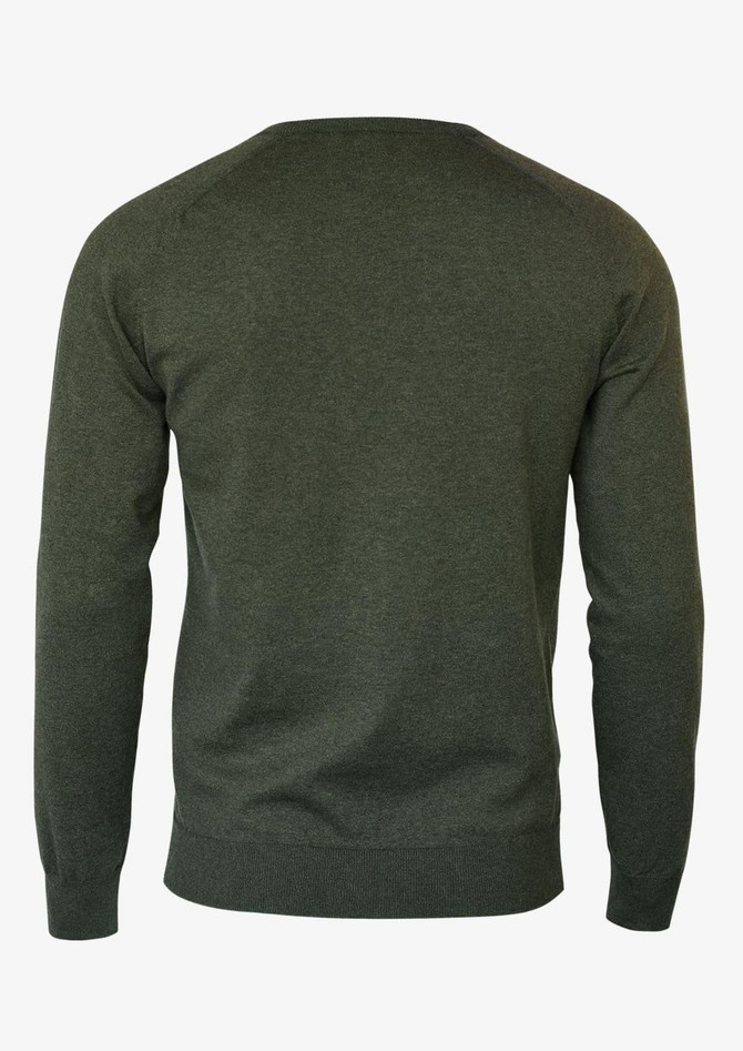 A green men's knitwear jumper featuring a classic O-neck design, shown from the back.