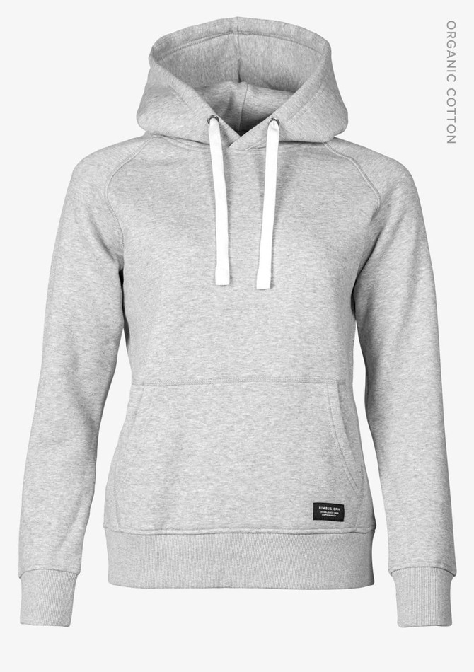 A grey hoodie with a hood and white drawstrings, featuring a front pocket and a logo. Made from organic cotton.