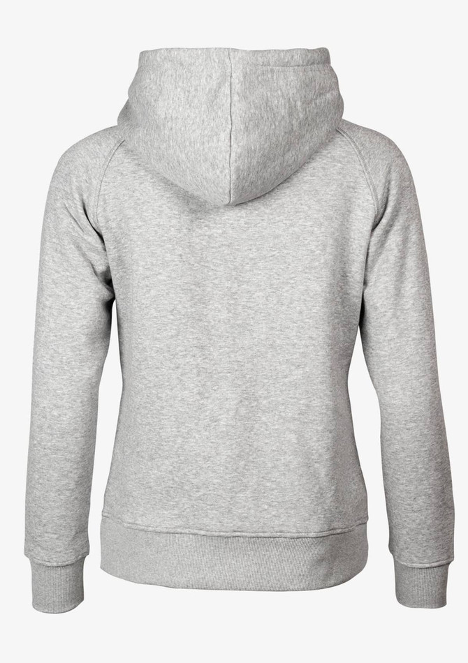 A grey women's hoodie with a back view, featuring a hood and a simple design. Includes a logo.