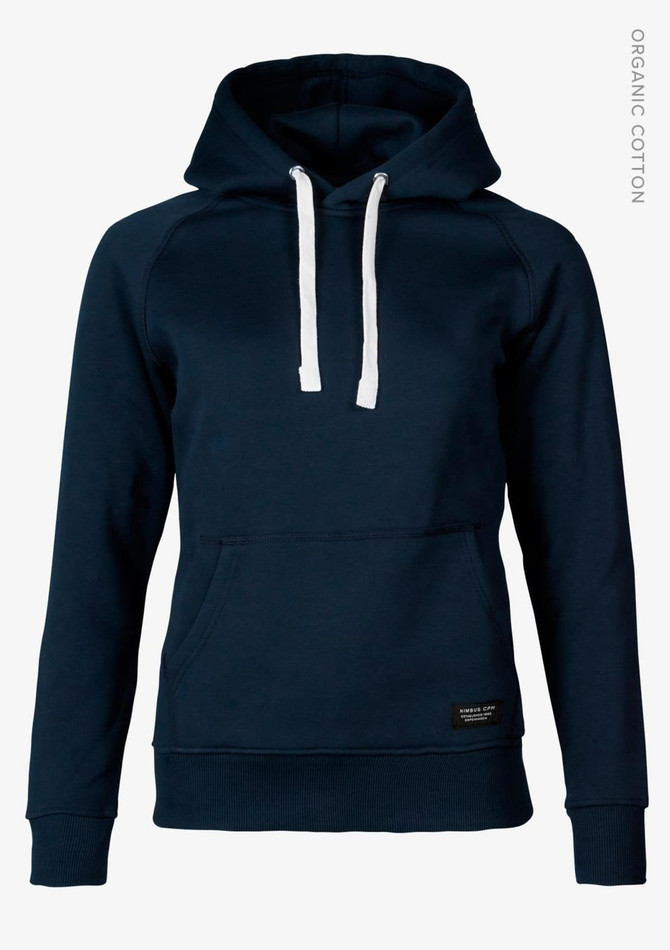 A navy blue hoodie with a front pocket and white drawstrings, featuring a logo on the lower side.