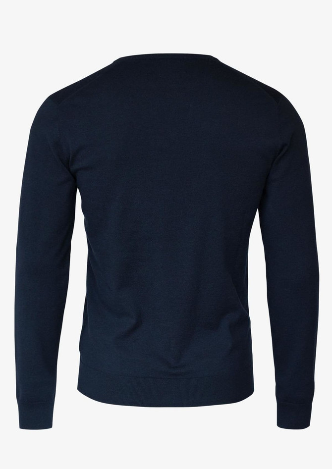 A navy Brighton V-Neck men's knitwear jumper featuring long sleeves and a simple design. It has a branding logo.