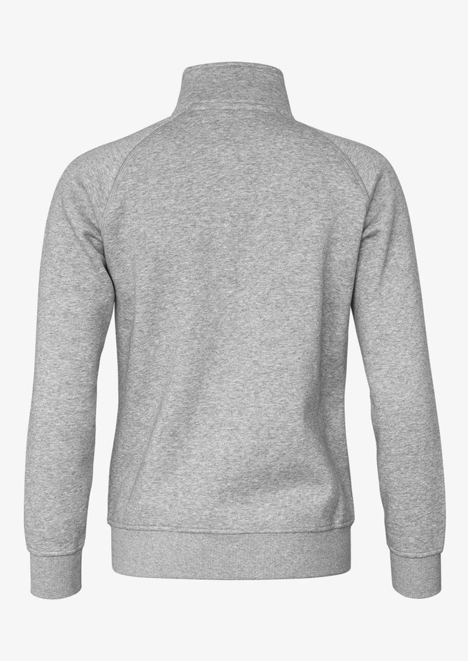 A grey jacket with a stand-up collar and long sleeves, featuring a logo on the back.