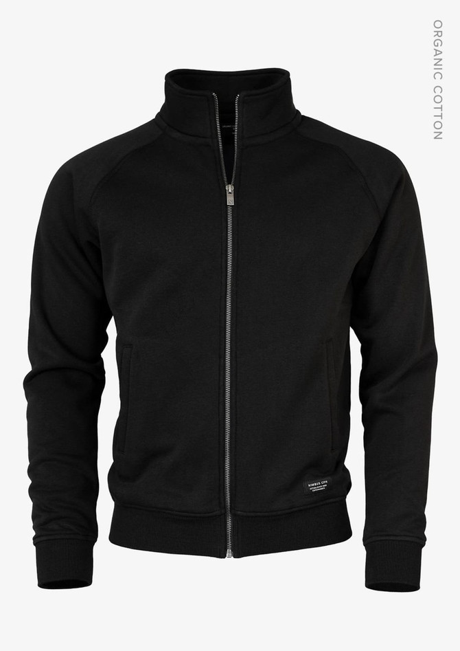 A black men's zip-up jacket with a high collar and raglan sleeves, featuring a logo on the side.