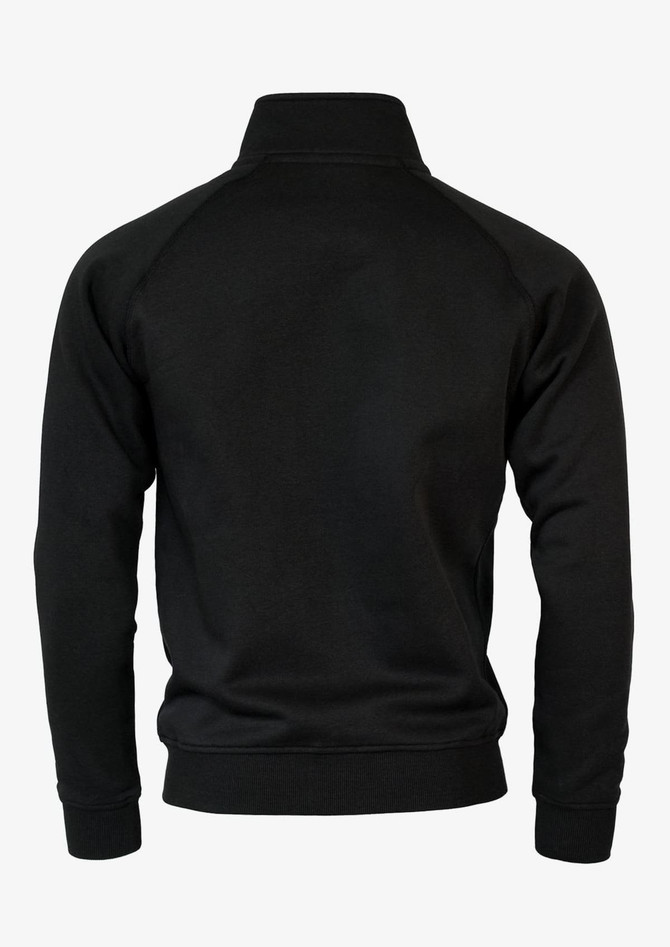 A black jacket with a high collar and raglan sleeves, featuring a plain design and a logo on the back.