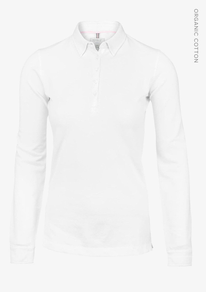 A white long-sleeved polo shirt for women made from organic cotton, featuring a collar and a logo.