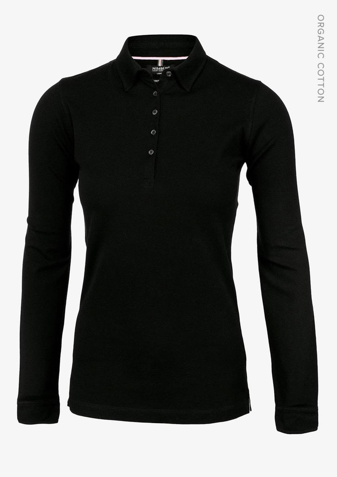 A black long-sleeved polo shirt for women, featuring a collar and a buttoned placket. Includes a logo on the design.