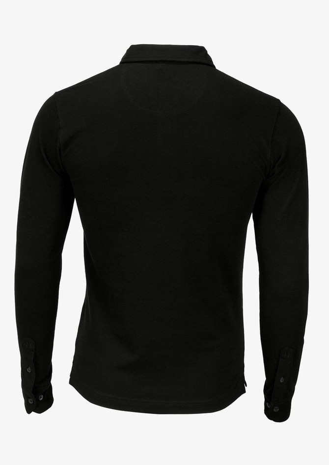 A black long-sleeved polo shirt with a collar and buttoned cuffs, featuring a logo on the back.