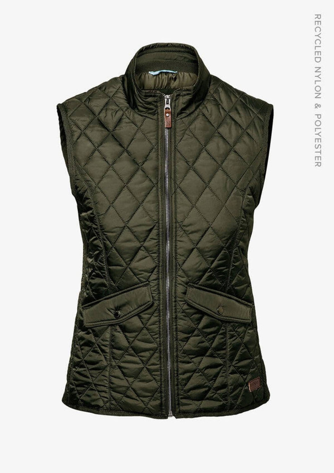 A quilted vest in dark green, featuring a zip front and two front pockets, with a small logo.