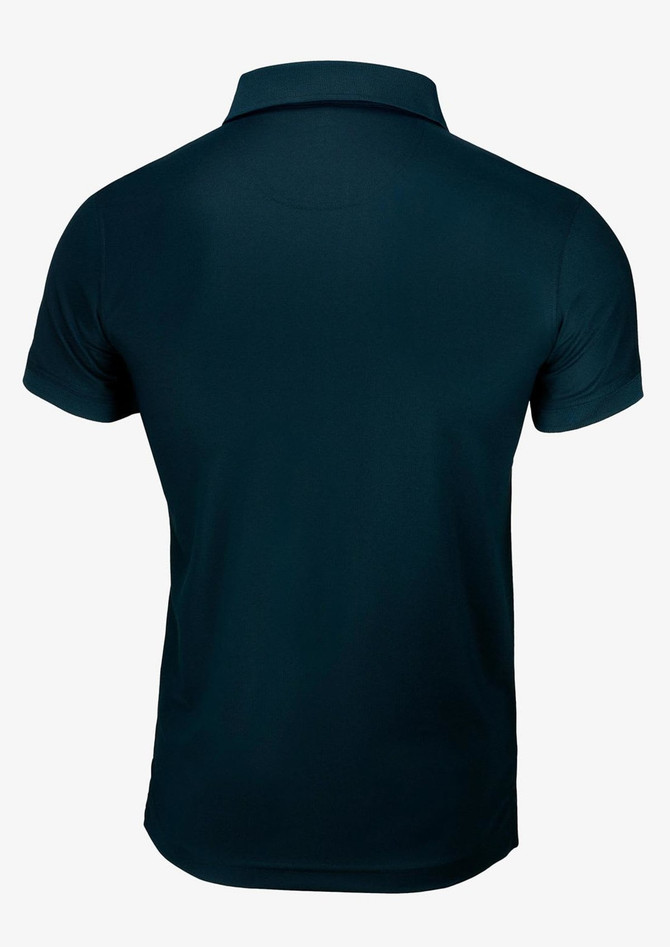 A dark teal polo shirt with short sleeves and a collar, featuring a logo on the back.