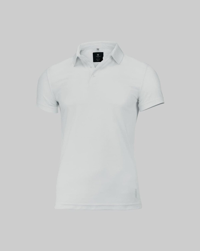 A white polo shirt with a collar and short sleeves, featuring a brand logo on the front.