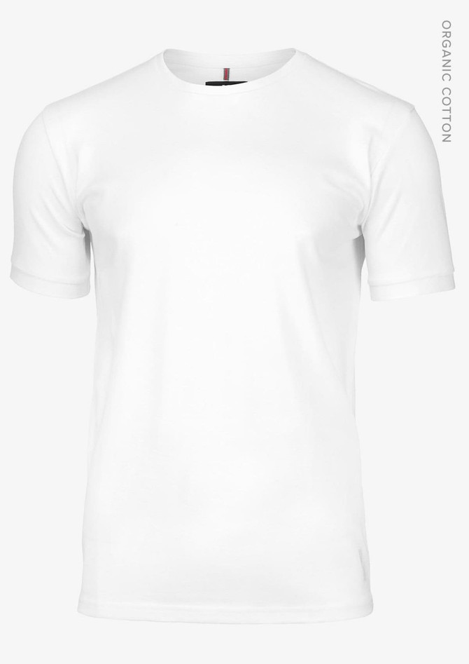 A plain white men's t-shirt made of organic cotton, featuring a logo on the neck.