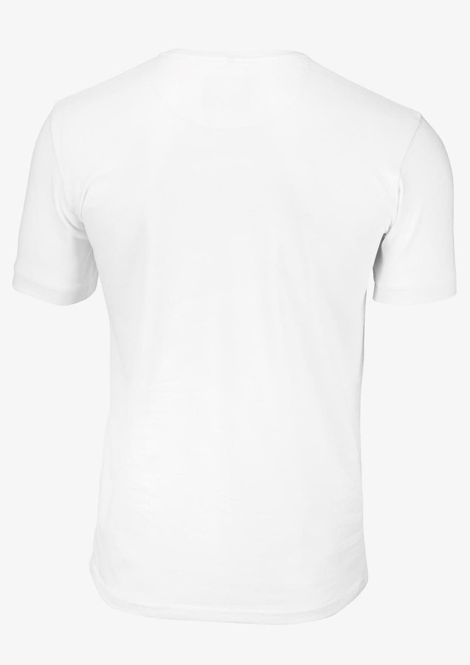 A plain white T-shirt featuring a crew neck and short sleeves, with a branding logo on the back.