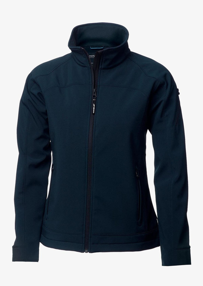 A navy soft shell jacket for women featuring a full zip and a high collar, with side pockets and a logo.