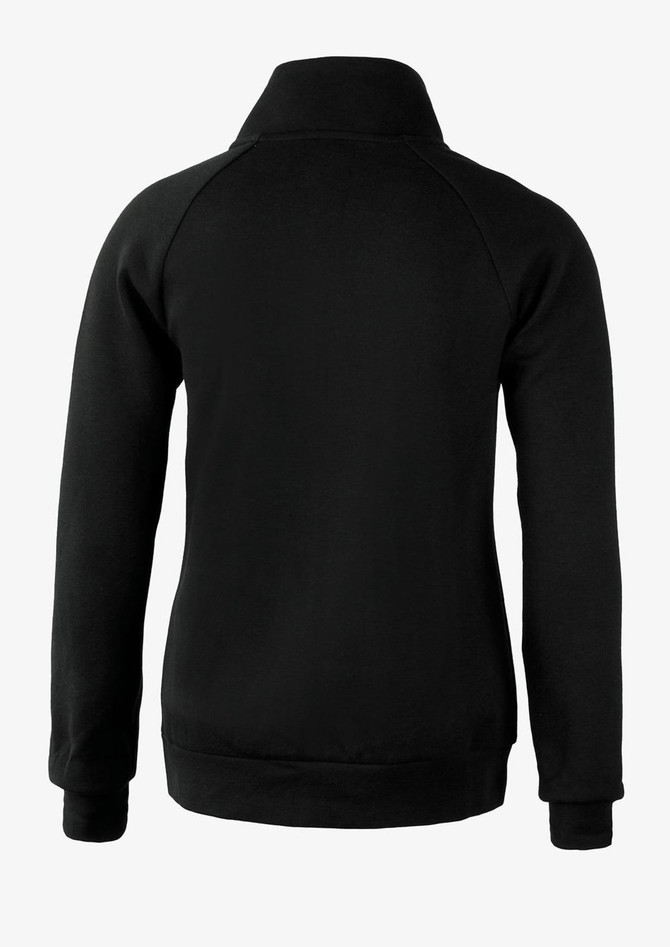 A black jacket with a high collar and raglan sleeves, featuring a subtle logo on the back.