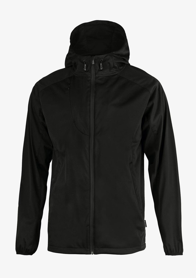 A soft shell jacket in black with a hood, featuring a front zipper and branded logo.