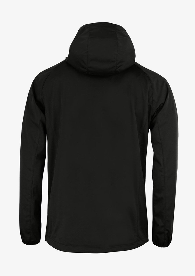 A soft shell jacket in black, featuring a hood and a simple design, with a logo on the back.