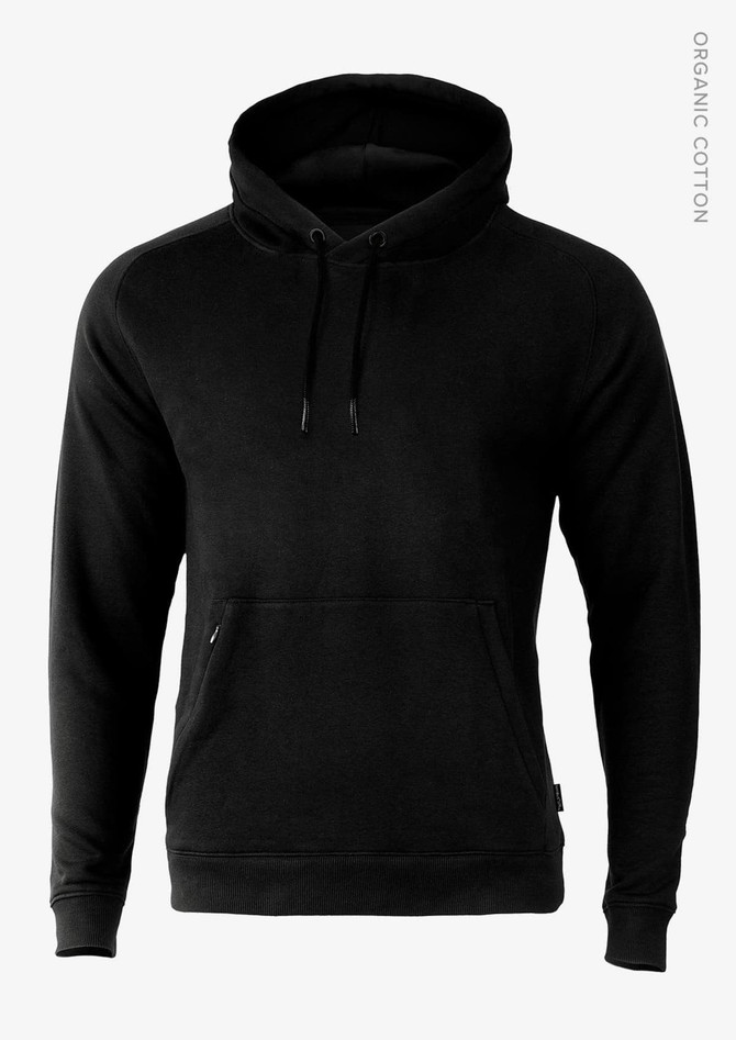 A black hoodie with a front pocket and a drawstring hood. It features a logo on the side.