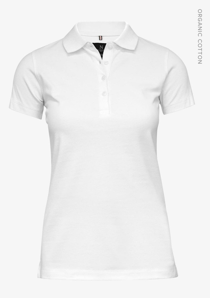 A white women's polo shirt made from organic cotton, featuring a classic collar and buttons, with a logo on the label.