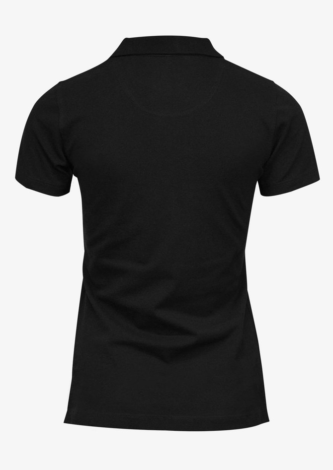 A black women's polo shirt with a classic design and a logo on the back. Short sleeves and a collar are featured.