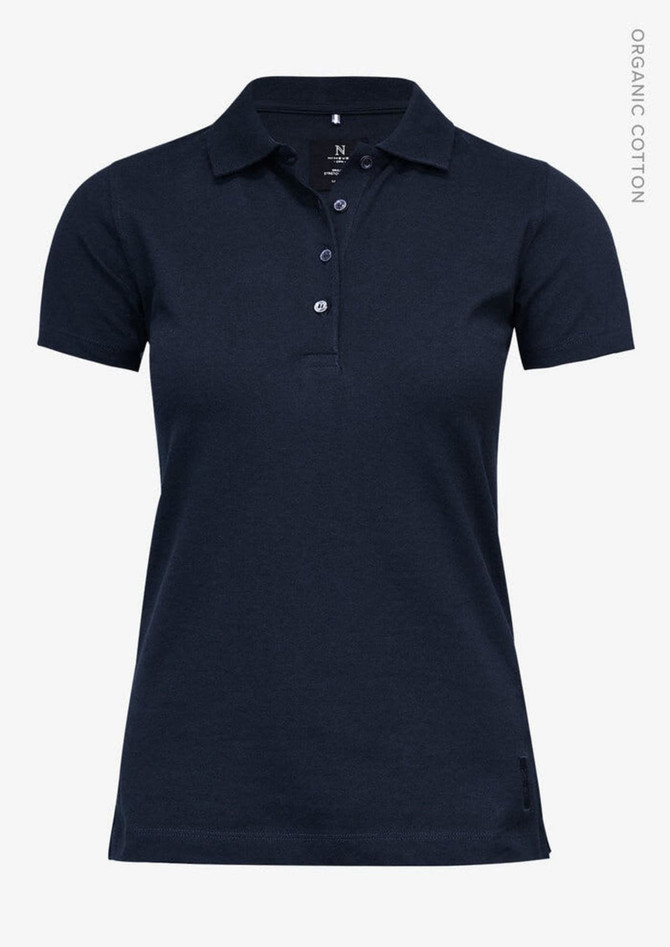 A navy blue women's polo shirt made from organic cotton, featuring a classic collar and button detail.