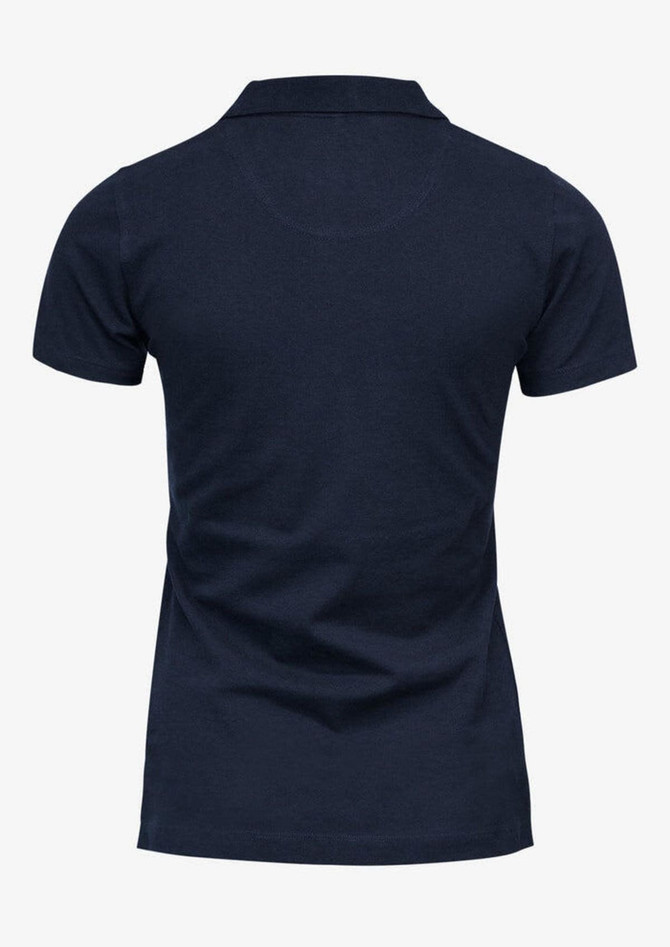 A navy polo shirt with a classic fit and short sleeves. The shirt features a logo.