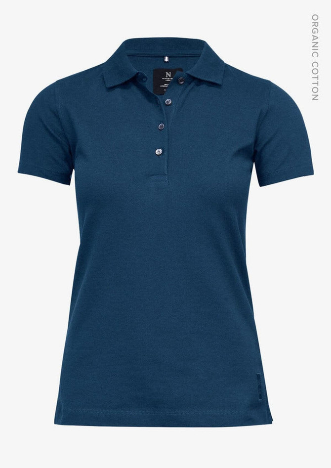 A navy blue women's polo shirt with a collar and buttons, featuring a logo. Made from organic cotton.