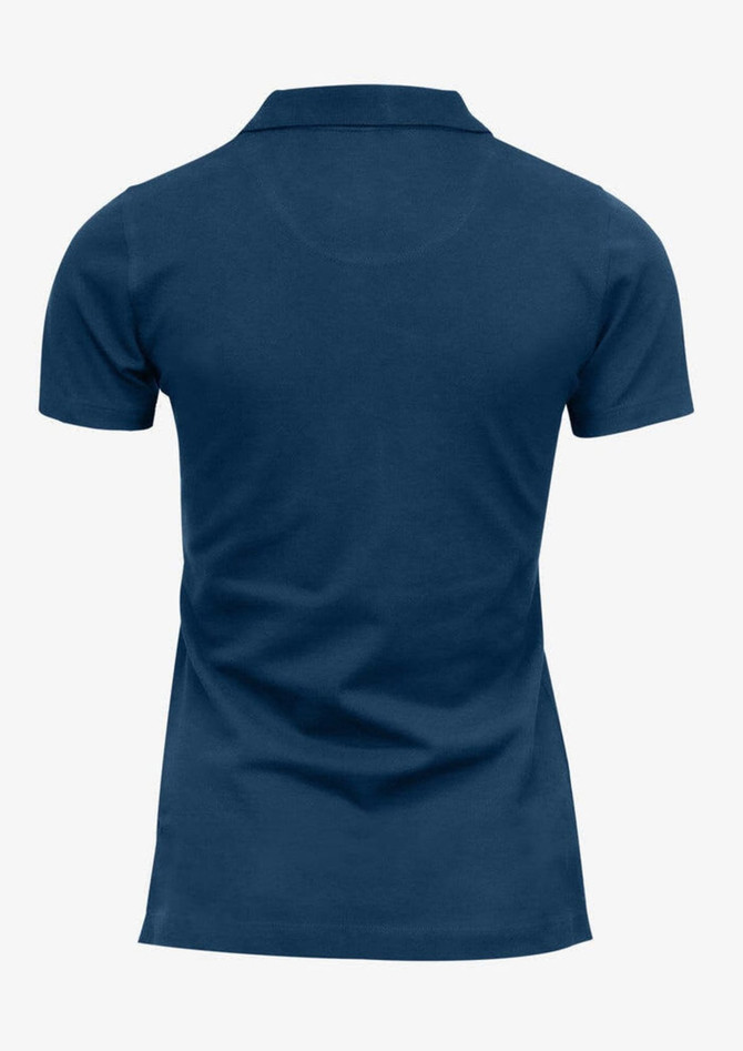A navy polo shirt with a classic fit, featuring a collar and short sleeves. It has a logo on the front.