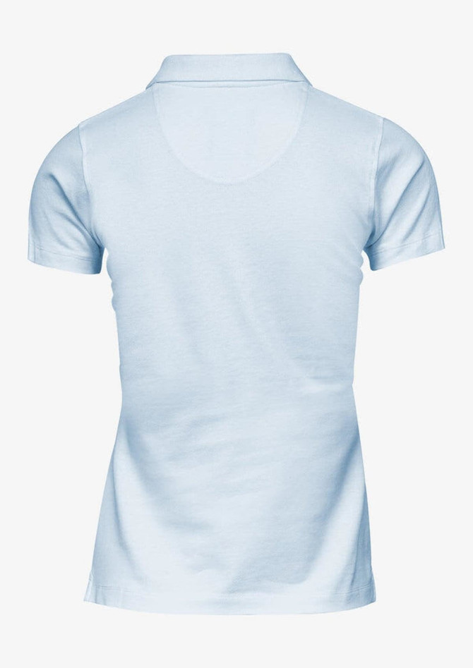 A light blue polo shirt with short sleeves and a collar, featuring a logo. The view is from the back.