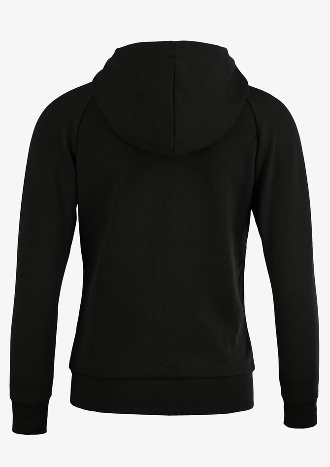 A black women's hoodie with a drawstring hood and long sleeves, featuring a plain design.
