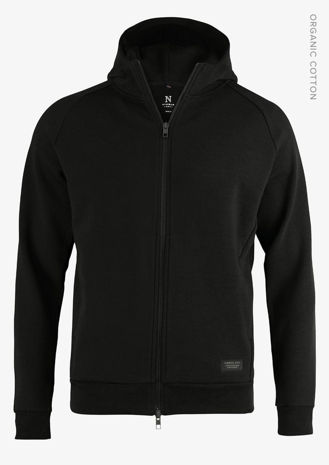 A black zip-up hoodie featuring a hood and a logo on the front. Made from organic cotton.