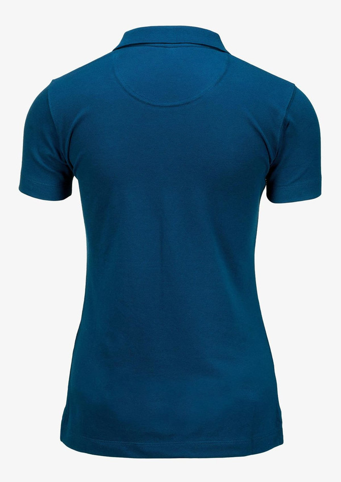 A women's polo shirt in deep teal, featuring a fitted design and short sleeves, with a logo on the back.