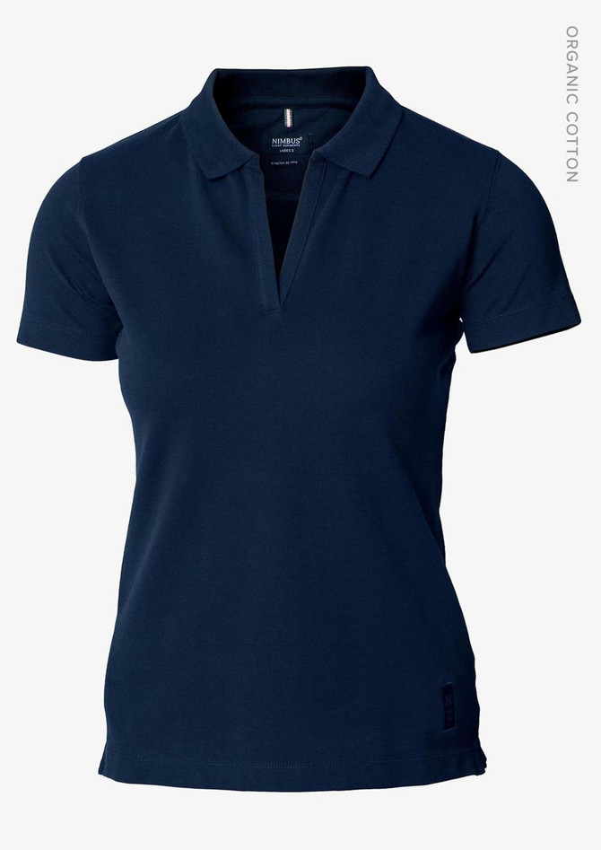 A navy blue women's polo shirt with a V-neck and a branded label on the side.