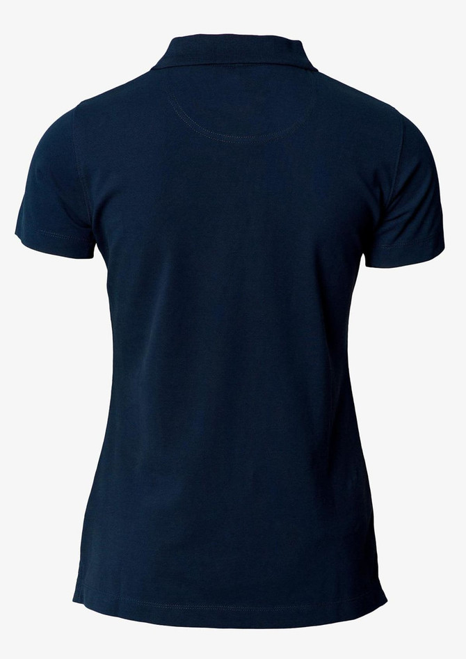A navy blue women's polo shirt with a V-neck and short sleeves. The back view is depicted.
