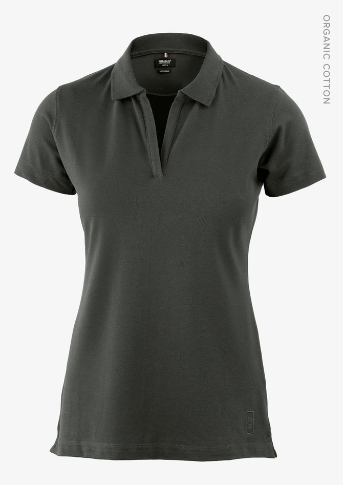A dark grey women's V-neck polo shirt made from organic cotton, featuring a collar and a fitted design.