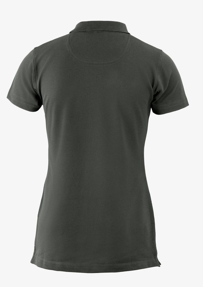 A women's v-neck polo shirt in dark grey with a fitted design and short sleeves. It features a logo on the side.