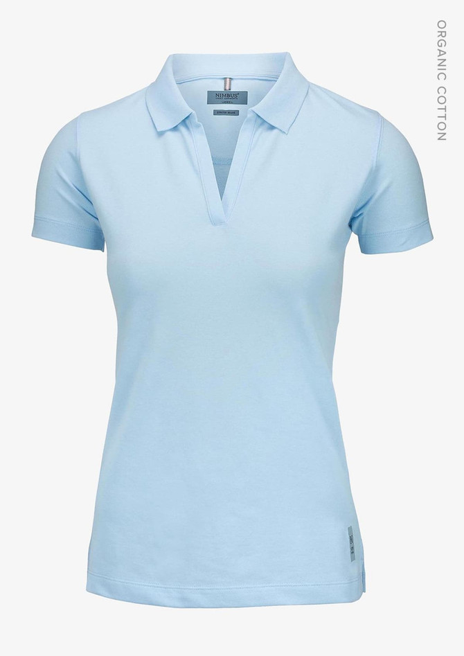 A light blue women's V-neck polo shirt made from organic cotton, featuring a collar and short sleeves.