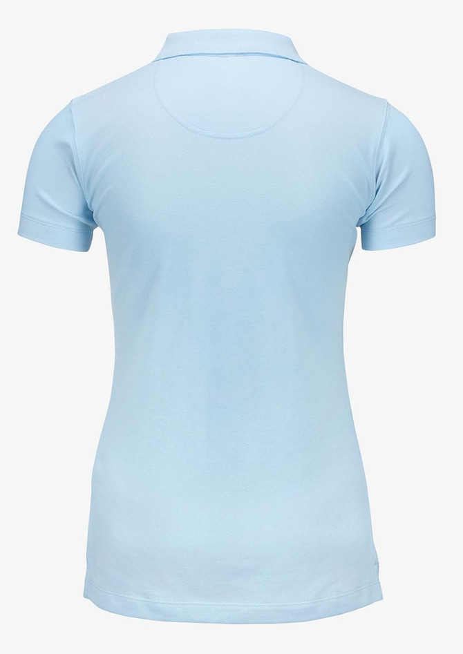 A light blue women’s polo shirt featuring a classic V-neck and short sleeves, with a logo on the back.
