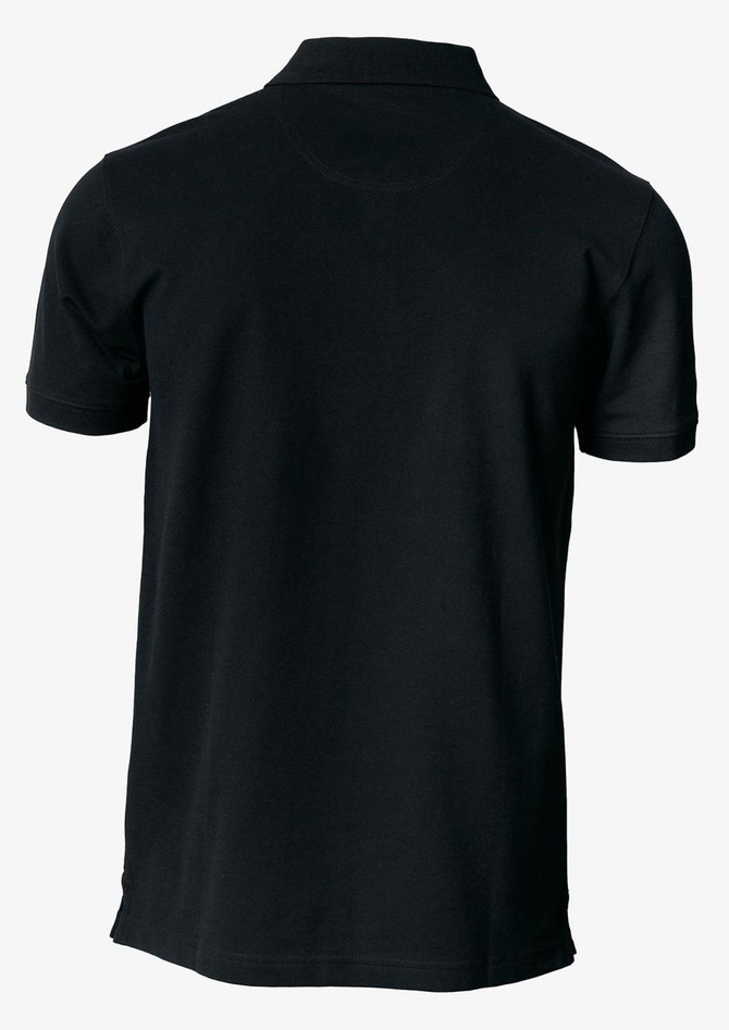 A black polo shirt featuring a collar and short sleeves, with a logo on the back.