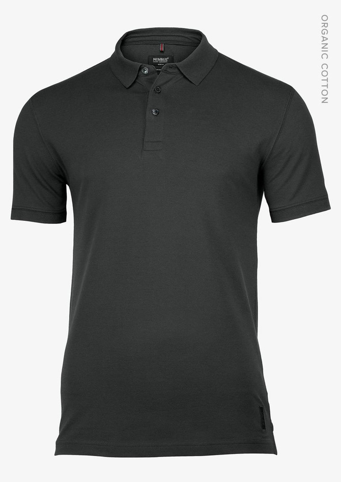 A dark grey polo shirt featuring a collar and short sleeves, with a logo on the side.