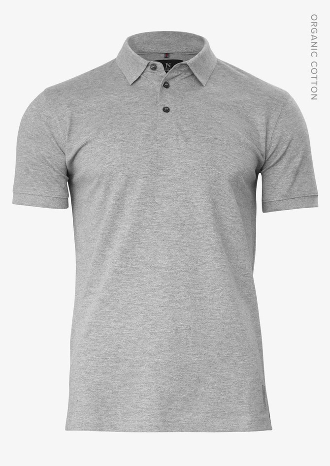 A grey polo shirt made from organic cotton with a collar and a logo. Short sleeves and a classic design.