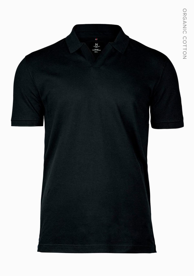 A black V-neck polo shirt made from organic cotton, featuring a simple design and short sleeves.