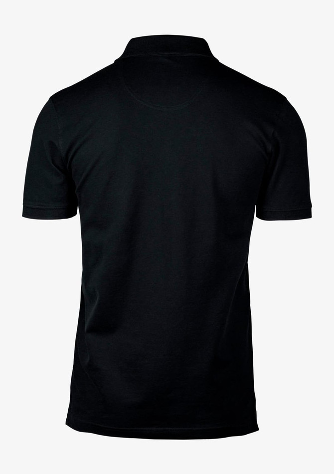 A black men’s polo shirt featuring a classic V-neck design and short sleeves, with a logo on the chest.