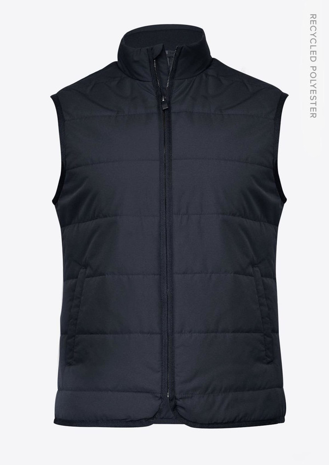 A navy blue padded vest with a high collar, featuring a front zipper and a logo. Made from recycled polyester.