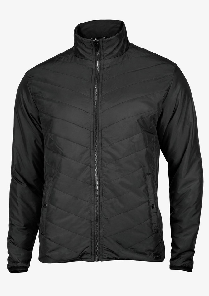 A black men's jacket featuring a zip front and a high collar design. It has a logo on the fabric.