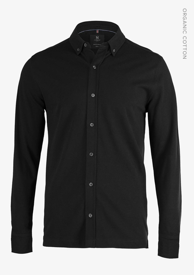 A black long-sleeved polo shirt made from organic cotton, featuring a button-up front and a collar. It has a logo.