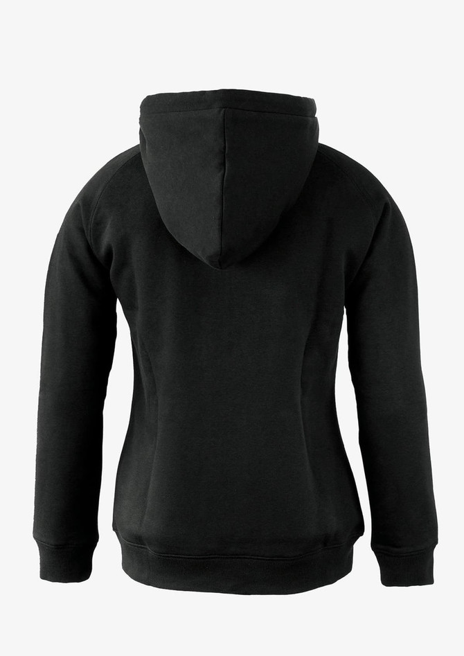 A black women's hoodie with a fitted design and a hood, featuring a logo on the back.