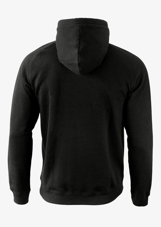 A black hoodie with a hood and long sleeves, featuring a simple design and a logo on the back.